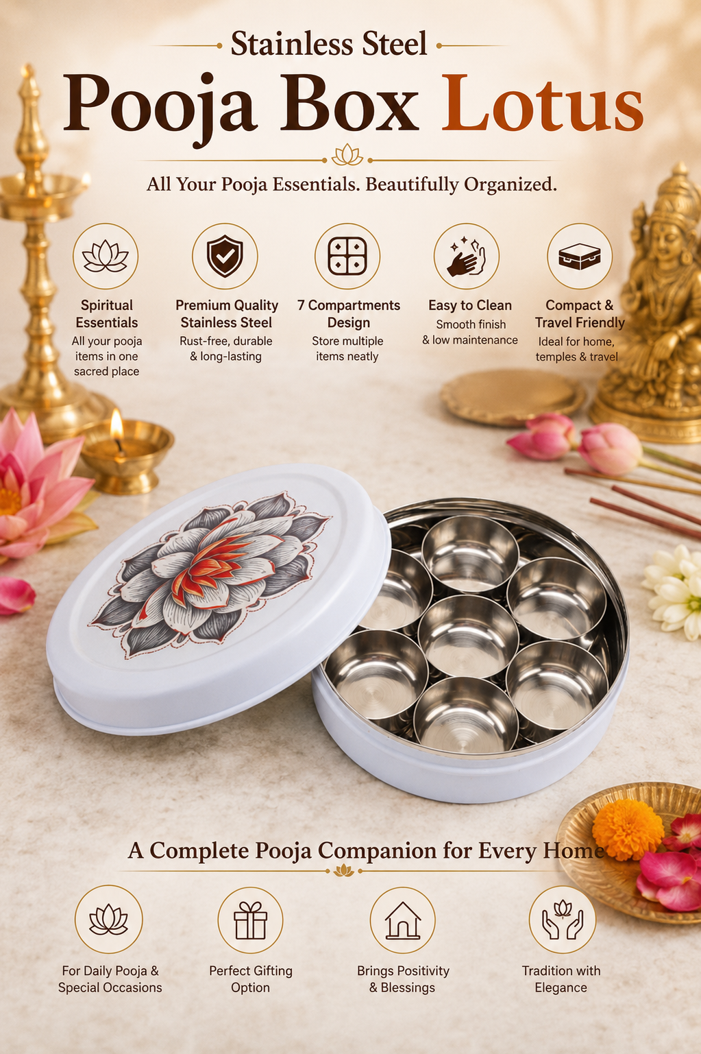 Stainless Steel Pooja Box Lotus