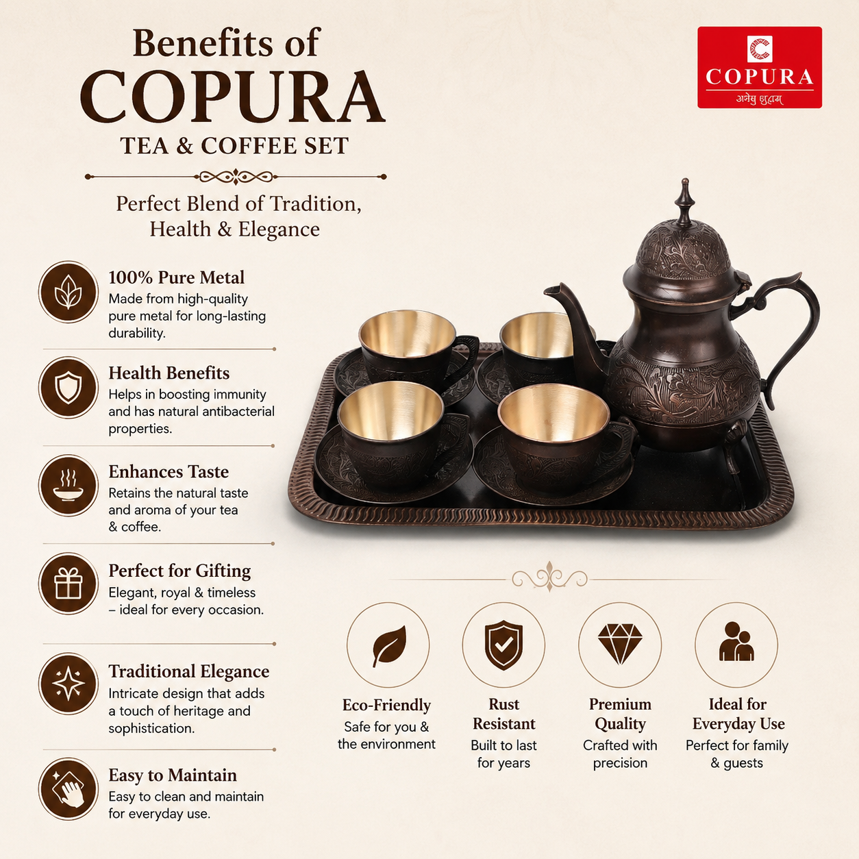 Antique brass tea set (10 piece set)