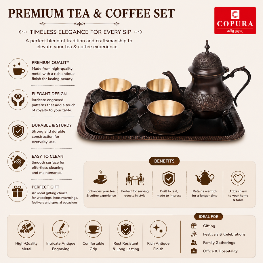 Antique brass tea set (10 piece set)