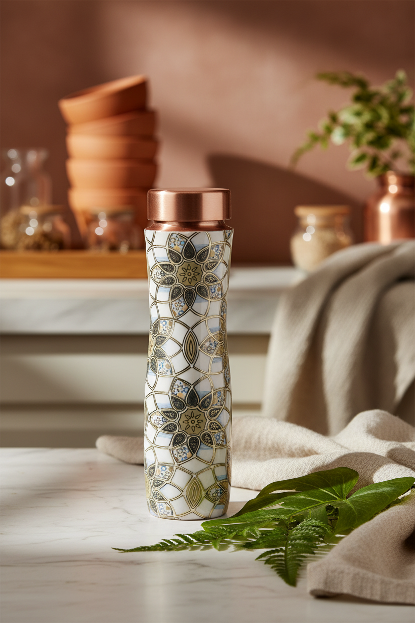 Somali Copper Bottle lifestyle image on marble surface