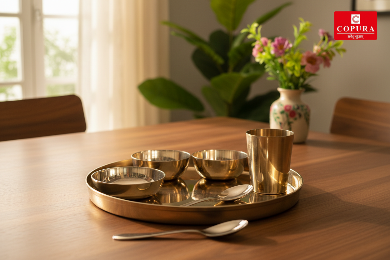 Shiny Kansya Bhojan Set - lifestyle on Indian dining table