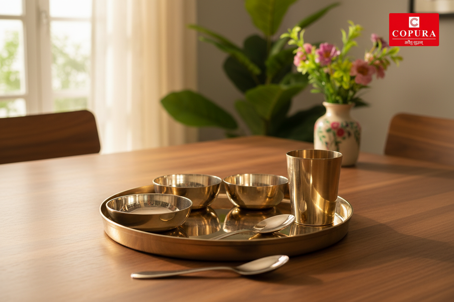 Shiny Kansya Bhojan Set - lifestyle on Indian dining table