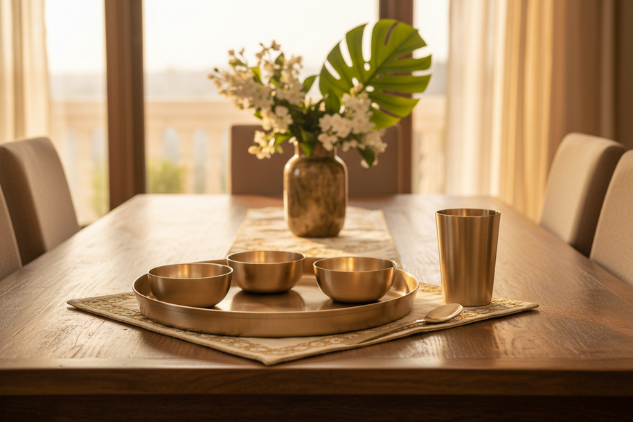 Finished Kansya Bhojan Set - lifestyle on Indian dining table
