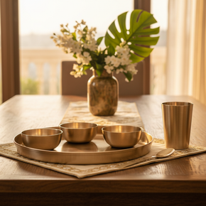 Finished Kansya Bhojan Set - lifestyle on Indian dining table